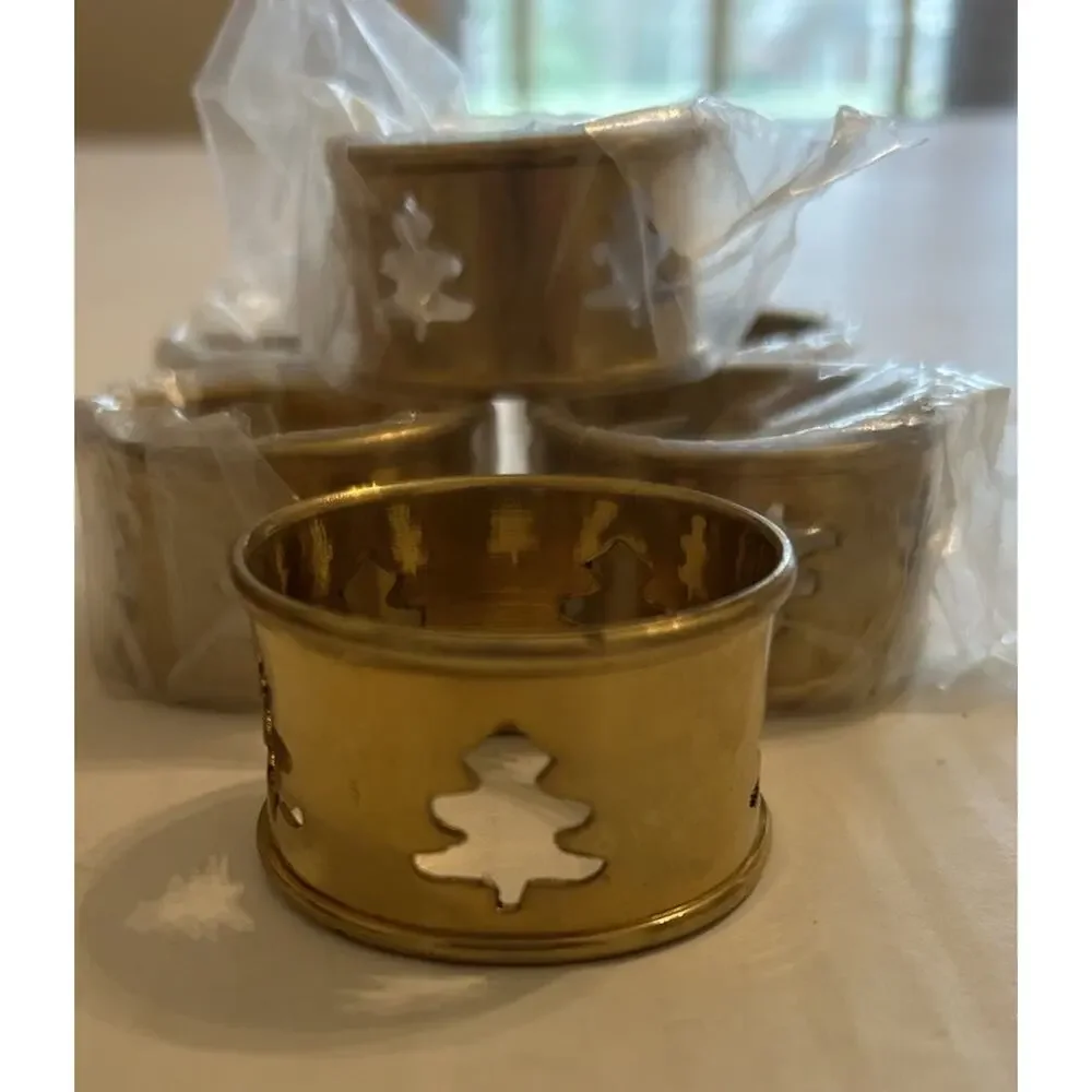 Vtg Brass Christmas Tree Napkin Rings set of 6 Dining‎ Table Linen Decor Holiday